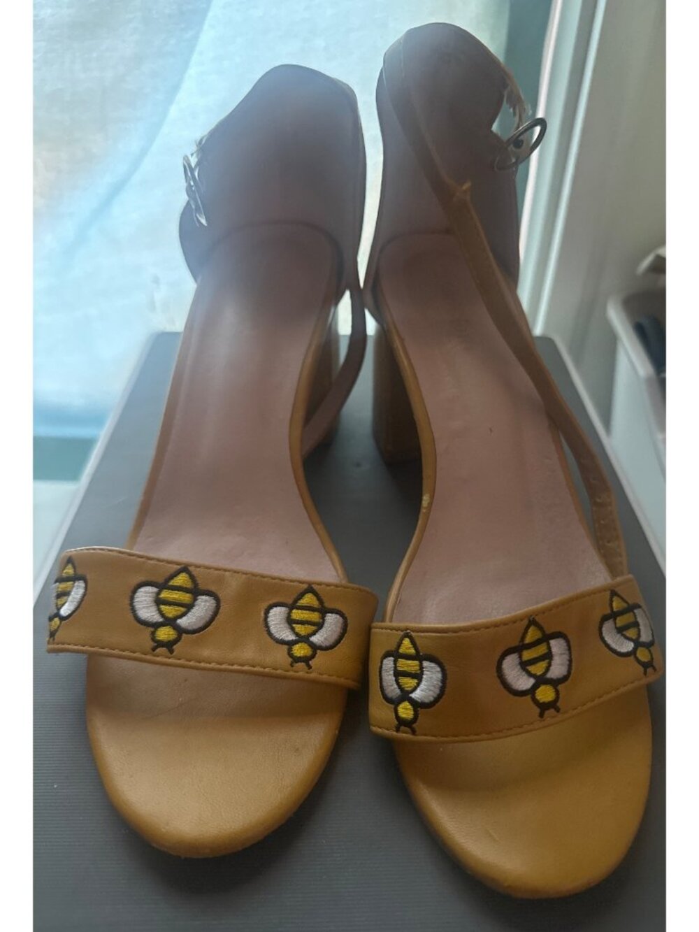 ModCloth Bee Embroidered Block Heel Sandals Womens Size 6 Mustard Ankle Strap